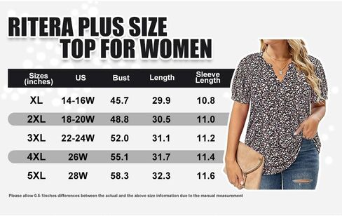 RITERA Plus Size Tops for Women Short Puff Sleeve Blouse Casual V Neck Tunic Oversize Loose Fit Ladies Tunic Summer XL-5XL in Saudi Arabia