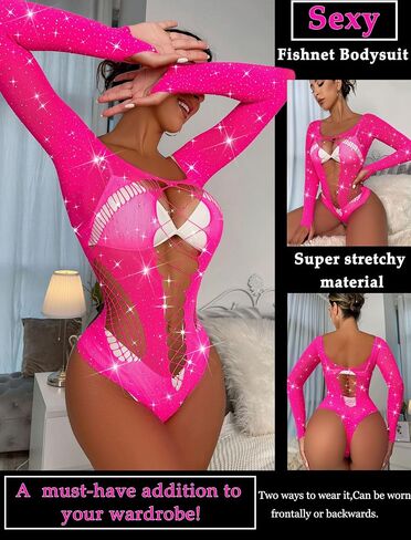 Sexy Fishnet Mesh Top Lingerie for Women Rhinestone Mesh Bodysuit Sparkle Teddy lingerie Sexy Outfit in Saudi Arabia