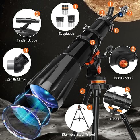 Telescope,Telescope for Adults High Powered, 90mm Aperture 900mm Professional Refractor Telescope for Kids & Beginners, Magnification 450X, for Planet Observation with Stainless Tripod & Phone Adapter in Saudi Arabia
