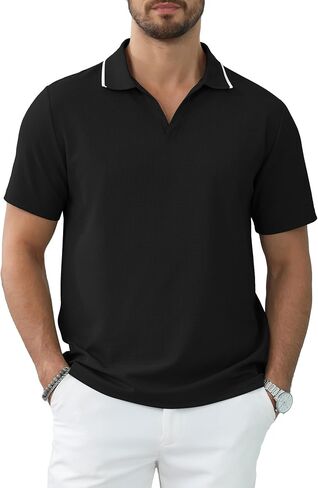 Polo Shirts for Man V Neck Slim Fit Solid Short Sleeve Cotton Golf Casual T-Shirts Ribbed Knit Soft Tees in Saudi Arabia