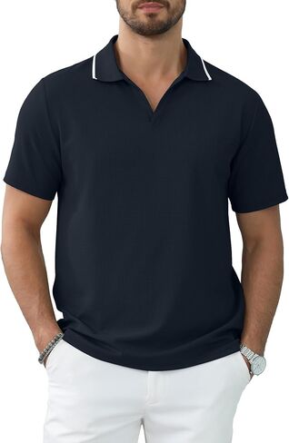 Polo Shirts for Man V Neck Slim Fit Solid Short Sleeve Cotton Golf Casual T-Shirts Ribbed Knit Soft Tees in Saudi Arabia