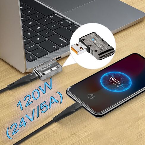 QIANRENON 120W USB3.1 to USB C 90° Angle Metal Adapter Mecha Style 10Gbps USB3.1 Male to Type C Female L Angle Data Connector, LED/Keychain Hole, for PC Laptop Wall Charger, Side Bend(Left Angle) in Saudi Arabia