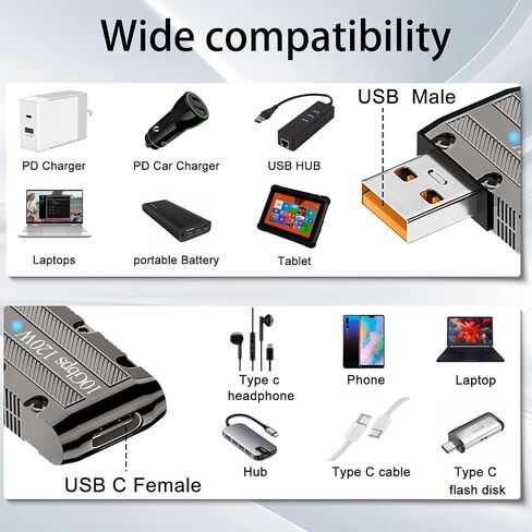 QIANRENON 120W USB3.1 to USB C 90° Angle Metal Adapter Mecha Style 10Gbps USB3.1 Male to Type C Female L Angle Data Connector, LED/Keychain Hole, for PC Laptop Wall Charger, Side Bend(Left Angle) in Saudi Arabia