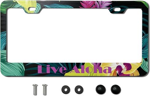 Aloha Flower Hawaiian License Plate Frame for Women/Men, Black Stainless Steel License Plate Frame 2 Holes & Screws for Car, 12x6 Inch Fits Standard US/CA in Kuwait