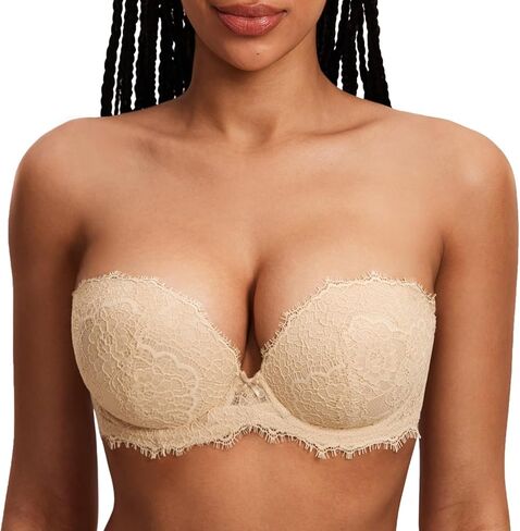 DOBREVA Women's Strapless Push Up Bra Lace Plus Size Plunge Padded Underwire Bras Add 1 Cup in Kuwait