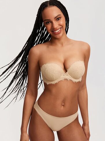 DOBREVA Women's Strapless Push Up Bra Lace Plus Size Plunge Padded Underwire Bras Add 1 Cup in Kuwait