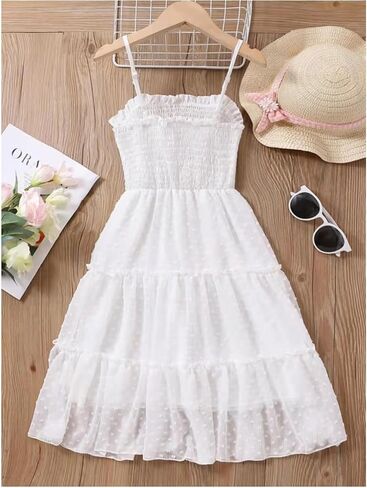 Floerns Girl's Swiss Dots Frilled Trim Tiered Layer Shirred Flowy Midi Cami Dresses in Saudi Arabia