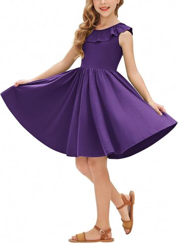Arshiner Girls Ruffle Trim Neckline Dress A-Line Swing Casual Skater Dresses with Pockets 4-11 Years in Saudi Arabia