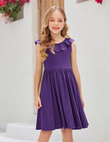 Arshiner Girls Ruffle Trim Neckline Dress A-Line Swing Casual Skater Dresses with Pockets 4-11 Years in Saudi Arabia
