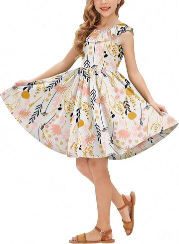 Arshiner Girls Ruffle Trim Neckline Dress A-Line Swing Casual Skater Dresses with Pockets 4-11 Years in Saudi Arabia