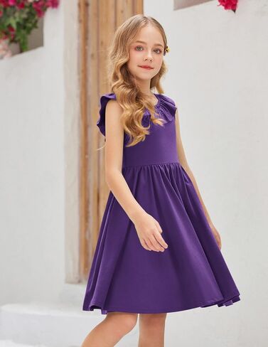 Arshiner Girls Ruffle Trim Neckline Dress A-Line Swing Casual Skater Dresses with Pockets 4-11 Years in Saudi Arabia