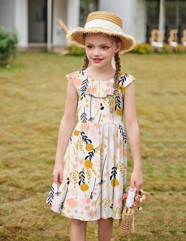 Arshiner Girls Ruffle Trim Neckline Dress A-Line Swing Casual Skater Dresses with Pockets 4-11 Years in Saudi Arabia