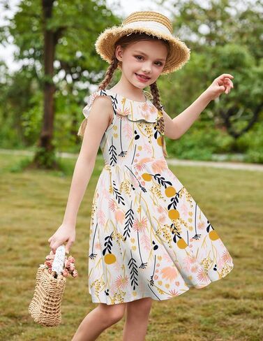 Arshiner Girls Ruffle Trim Neckline Dress A-Line Swing Casual Skater Dresses with Pockets 4-11 Years in Saudi Arabia
