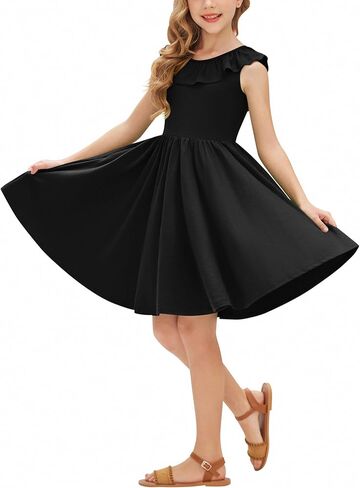 Arshiner Girls Ruffle Trim Neckline Dress A-Line Swing Casual Skater Dresses with Pockets 4-11 Years in Saudi Arabia