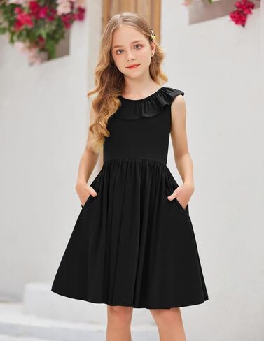 Arshiner Girls Ruffle Trim Neckline Dress A-Line Swing Casual Skater Dresses with Pockets 4-11 Years in Saudi Arabia