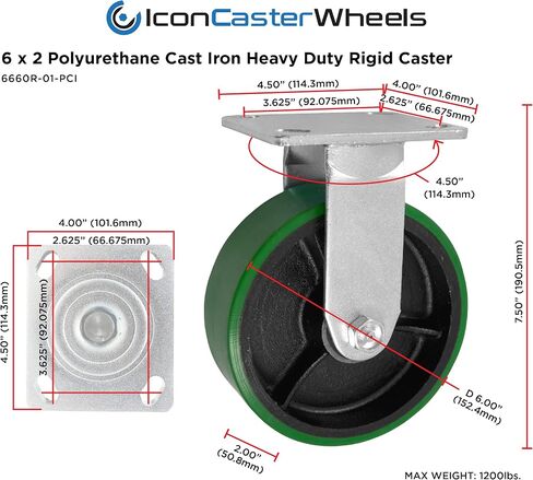 عجلات ICON Caster مقاس 6 بوصة × 2 بوصة PCI للخدمة الشاقة، 2 عجلات دوارة صلبة، لوحة علوية 4 بوصة × 4.5 بوصة، عجلة بولي يوريثين خضراء لا تحمل علامات، سعة تحميل 4800 رطل لكل مجموعة (4 عبوات) in Saudi Arabia