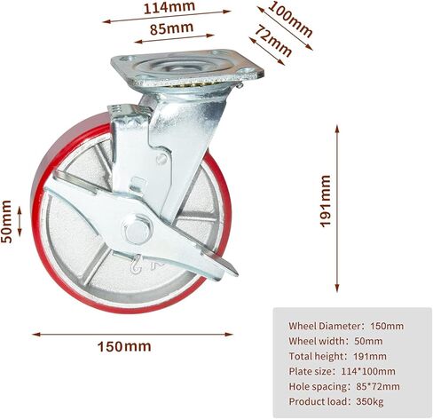 Nisorpa 6 inch Heavy Duty Casters Set of 4 Swivel Steel Wheels Red Polyurethane Lockable Caster Wheels for Industrial Trailer, Furniture - 2 with Brakes and 2 without Brakes in Kuwait