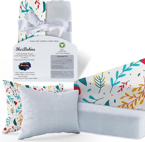 Organic Muslin Crib Sheets - (2 Pack) Baby Crib Sheets,Crib Mattress Sheet,Toddler Bed Mattress (52"x 28")- (2 Pack) Pillowcases(13"x18"),Pillow Covers,Toddler Pillowcase,Soft & Breathable in Saudi Arabia