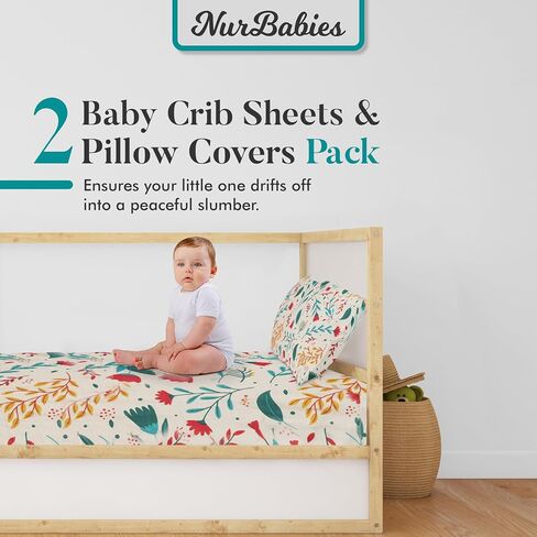 Organic Muslin Crib Sheets - (2 Pack) Baby Crib Sheets,Crib Mattress Sheet,Toddler Bed Mattress (52"x 28")- (2 Pack) Pillowcases(13"x18"),Pillow Covers,Toddler Pillowcase,Soft & Breathable in Saudi Arabia
