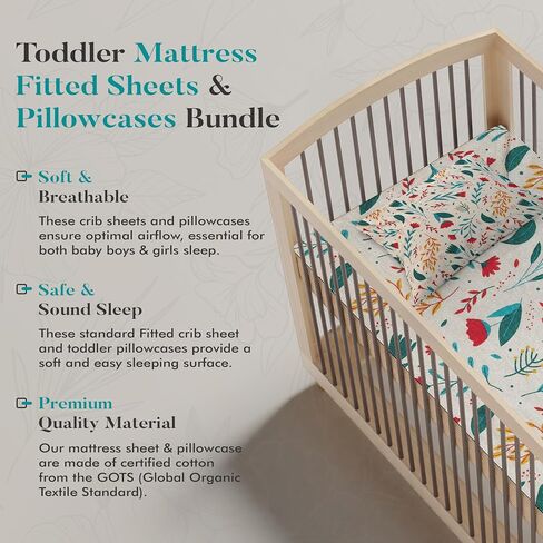 Organic Muslin Crib Sheets - (2 Pack) Baby Crib Sheets,Crib Mattress Sheet,Toddler Bed Mattress (52"x 28")- (2 Pack) Pillowcases(13"x18"),Pillow Covers,Toddler Pillowcase,Soft & Breathable in Saudi Arabia