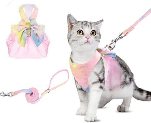 ORIA Dog Bowknot Dress Harness Leash Set, Bow Tie Vest Harness Dress with Leash, Rosette Soft Mesh Pet Cat Dog Vest Harness, Adorable Puppy Gradient Dress Pet Doggy Suit, Yellow Blue Gradient, M in Saudi Arabia
