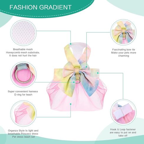 ORIA Dog Bowknot Dress Harness Leash Set, Bow Tie Vest Harness Dress with Leash, Rosette Soft Mesh Pet Cat Dog Vest Harness, Adorable Puppy Gradient Dress Pet Doggy Suit, Yellow Blue Gradient, M in Saudi Arabia