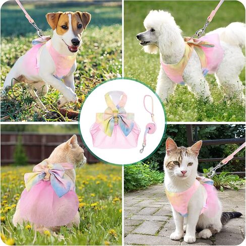 ORIA Dog Bowknot Dress Harness Leash Set, Bow Tie Vest Harness Dress with Leash, Rosette Soft Mesh Pet Cat Dog Vest Harness, Adorable Puppy Gradient Dress Pet Doggy Suit, Yellow Blue Gradient, M in Saudi Arabia