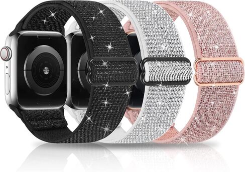 3 Packs Shiny Stretchy Bands Compatible with Apple Watch Band 49mm 38mm 40mm 41mm 42mm 44mm 45mm, Nylon Adjustable Sport Solo Loop Women Replacement Straps for iWatch Series Ultra 8 7 6 5 4 3 2 1 SE in Saudi Arabia