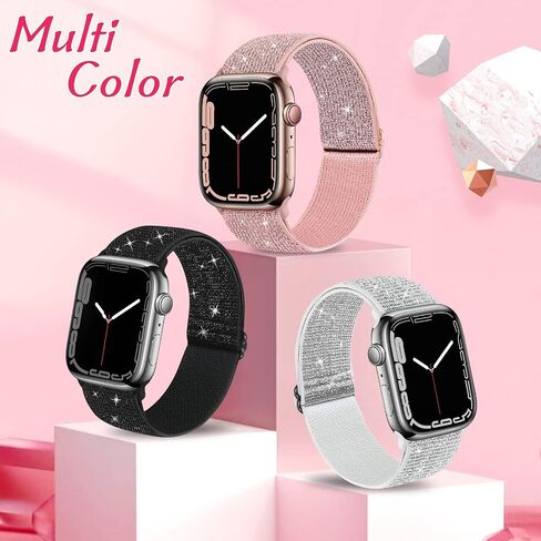 3 Packs Shiny Stretchy Bands Compatible with Apple Watch Band 49mm 38mm 40mm 41mm 42mm 44mm 45mm, Nylon Adjustable Sport Solo Loop Women Replacement Straps for iWatch Series Ultra 8 7 6 5 4 3 2 1 SE in Saudi Arabia