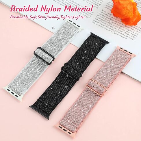 3 Packs Shiny Stretchy Bands Compatible with Apple Watch Band 49mm 38mm 40mm 41mm 42mm 44mm 45mm, Nylon Adjustable Sport Solo Loop Women Replacement Straps for iWatch Series Ultra 8 7 6 5 4 3 2 1 SE in Saudi Arabia