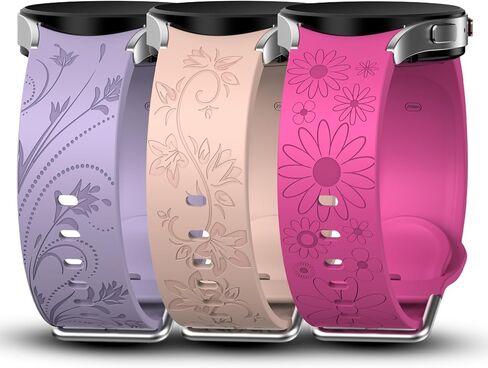 3 Pack No Gap Floral Engraved Bands Compatible with Samsung Galaxy Watch 7 FE 6 5 4 40mm 44mm/ Watch 5 Pro 45mm/Galaxy Watch 6 4 Classic 47mm 43mm 46mm 42mm, 20mm Soft Silicone Watch Strap for Women in Kuwait