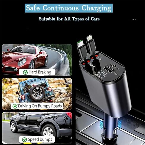 شاحن سيارة قابل للسحب، شاحن هاتف سيارة سريع من النوع C بقوة 120 واط، ومنفذي USB، وكابلات قابلة للسحب. إنه متوافق مع موديلات iPhone 15/14/13/12/11/iPad وموديلات Galaxy S23/S22/S10. in Kuwait