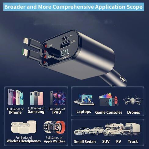 شاحن سيارة قابل للسحب، شاحن هاتف سيارة سريع من النوع C بقوة 120 واط، ومنفذي USB، وكابلات قابلة للسحب. إنه متوافق مع موديلات iPhone 15/14/13/12/11/iPad وموديلات Galaxy S23/S22/S10. in Kuwait
