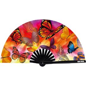 Neva Nude Rave Folding Hand Fan - UV Blacklight Reactive Handheld Fan with Drawstring Case | Perfect for Summer Festivals, Raves, Carnivals, Concerts, & Parties | Made in USA (Butterfly Garden)