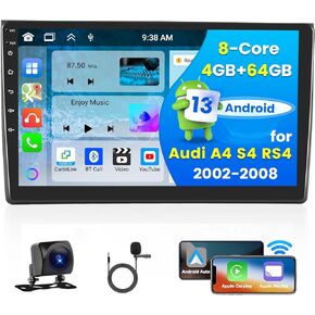 [4G+64G] Hikity Radio for Audi A4 S4 RS4 2002-2008 Android 13 Stereo Wireless CarpPlay Android Auto, 9 Inch Touchscreen in Dash GPS Navigation System with WiFi BT FM RDS Backup Camera