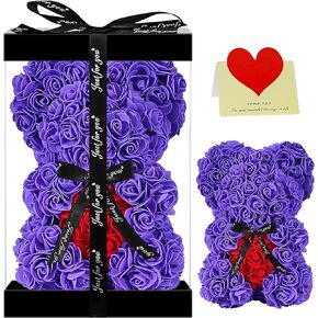 Double Couple Gift for Mom Women-Rose Cute Bear - Rose Adorable Teddy Artificial Bear - Best Gift for Valentines Day, Mothers Day, Anniversary, Birthdays - Clear Gift Box Included! 10 Inches Tall