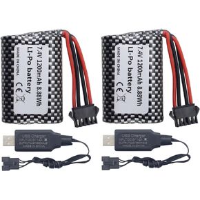 Fytoo 2PCS 7.4V 1200mah Li-ion Battery with USB Charging Cable for R206 R208 R308 TX122 TX123 H106 2008 V003 RC Boat Batteries with SM-5P Plugs