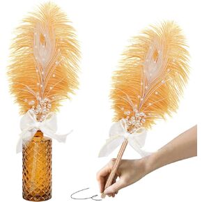 CROWN GUIDE Ostrich Feather Quill Ballpoint Pen for Wedding Guest Book Signing Reception Bridal Shower 50th Anniversary, Fancy Nikkah Pen for Bride Writing Office Accessories Gatsby Party Decoration