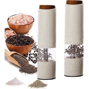 Electric Salt and Pepper Grinder Set,Refillable Pepper Grinder Mills with LED Lights,Adjustable Coarseness,One Hand Operation,6 AAA Battery Power Supply,2 Packs,White -Mother's Day Gift Kit