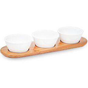 Sheffield Home Chip and Dip Serving Platter with 3 Removable 10oz White Stoneware Bowls, 4.75" Diameter, Wooden Tray