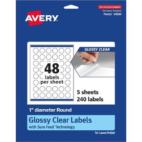 Avery Glossy Clear Round Labels with Sure Feed, 1" Diameter, 240 Glossy Clear Labels, Print-to-The-Edge, Laser/Inkjet Printable Labels