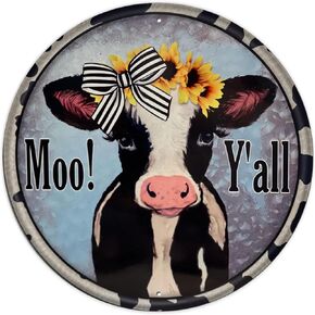 Shabby Durable Thick Cow Sign, Wreath Craft Round Metal Sign,Rustic Farmhouse Decor,Cow with Sunflowers,Vintage Wall Decor，Novelty Signs for Home Kitchen Cafe Bar Man Cave，Size 12x12 Inches