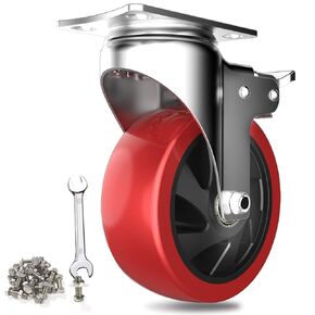 عجلات دوارة مقاس 5 بوصات مع قفل مزدوج آمن وعجلات من رغوة البولي يوريثان لا تصدر ضوضاء، شديدة التحمل - 350 رطلًا لكل عجلة حمراء (عبوة من 4 قطع) in Kuwait