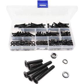 binifiMux 340pcs Black Flat Phillips Head M4 Screws Nuts Washers Assortment Kit, M4x20mm/ 25mm/ 30mm/ 35mm/ 40mm,Carbon Steel