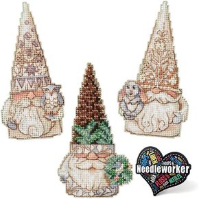 Jim Shore Woodland Gnomes, Set of 3 Mill Hill Holiday Beaded Cross Stitch Ornament Kits (2023), Plus Decorative 'Needlworker' Sticker