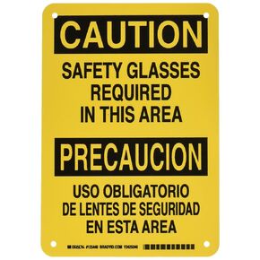 Brady 125440 Bilingual Sign, Legend "Safety Glasses Required/Use Obligatory De Lentes De Seguridad En Esta Area", 10" Height, 7" Width, Black on Yellow