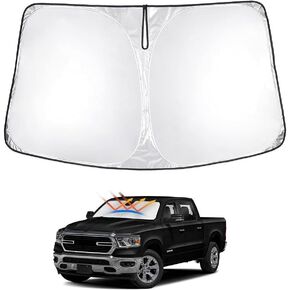 T TGBROS Windshield Sun Shade Custom Fit for 2019-2023 Dodge RAM 1500 CrewCab MegaCab 2Dr 4Dr Pickup Accessories Foldable Sun Shield Reflective Polyester Sun Visor Cover Block Heat and Sun Protection