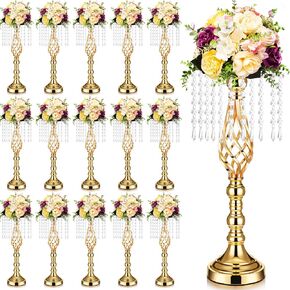 Sieral 15 Pcs Gold Wedding Centerpieces for Table Gold Crystal Flower Stand 19.3 Inches Flower Vase with Chandelier Metal Flower Holders for Wedding Party Reception Dinner Event Tabletop Decorations