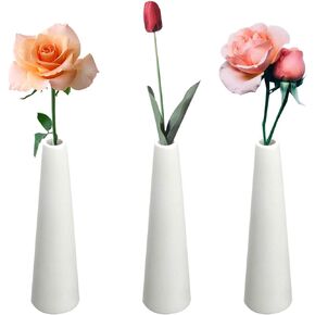 HOMOKUS White Ceramic Bud Vases Set of 3, Conic Small Bud Decorative Floral Vase Home Decor Centerpieces, Connected Tubes White Vase Set