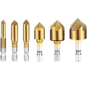 6 Pcs Countersink Drill Bit Set Hex Shank HSS 5 Flute Countersink 90 Degree Counter Sink Bit for Metal Center Punch Tool Sets for Wood Bit 1/4" 5/16" 3/8" 1/2" 5/8" 3/4" for All Most Machinable Metals